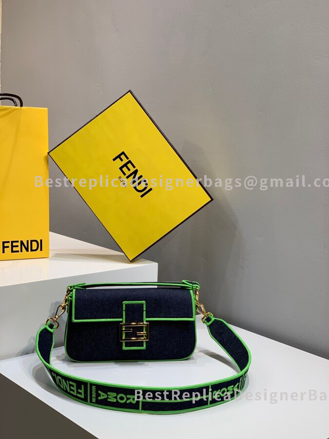 Fendi Baguette Mini Green denim Bag GHW 771S